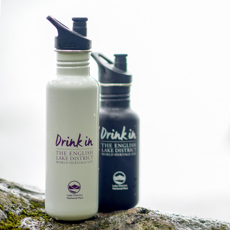 lake district water bottles, a small 18 oz black bottle and large 27 oz white bottle